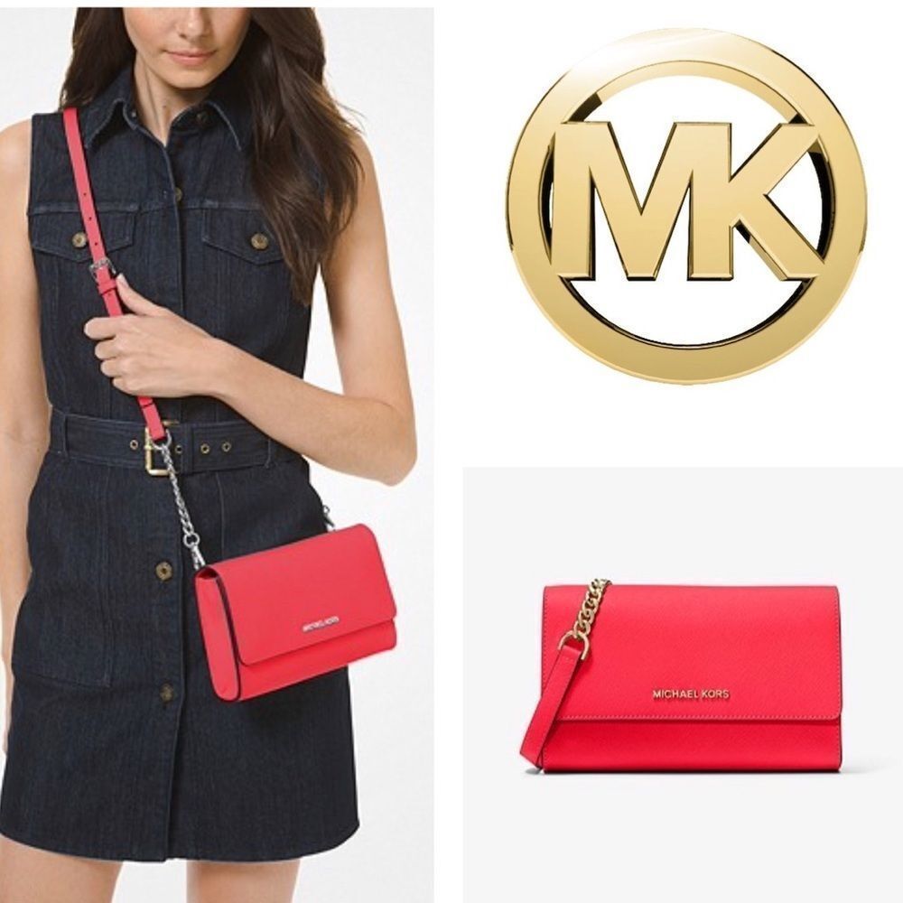Michael Kors Jet Set Coral Reef Red Saffiano Leather 3-in-1 Crossbody Bag NWT